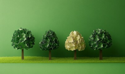 A green background with four paper trees on it