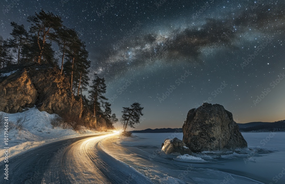 Poster in winter, on a frozen lake, on an icy road next to pine trees and rocks, a starry sky with the milk