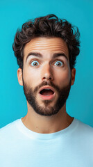 Fototapeta premium A man with a beard and a surprised expression on his face. The image has a blue background