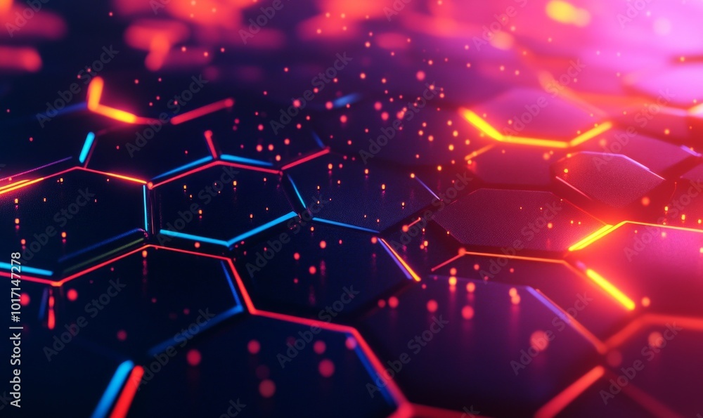 Poster abstract and futuristic hexagonal background with colorful and glowing neon effect. modern technolog
