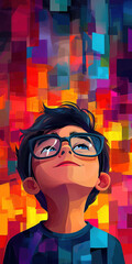 Young boy wearing glasses looking up at colorful abstract background
