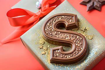Traditional dutch chocolate latter S and gift box for Sinterklaas on red background. Celebration concept for children party in Saint Nicolas day five december. Copy space, top view.
