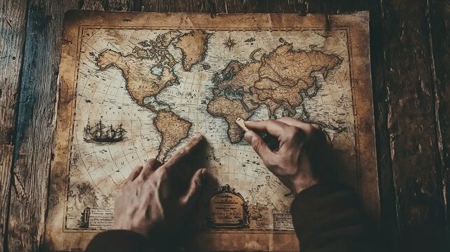 An antique world map is spread out on a table, with hands pointing at different locations, evoking a sense of exploration and history.