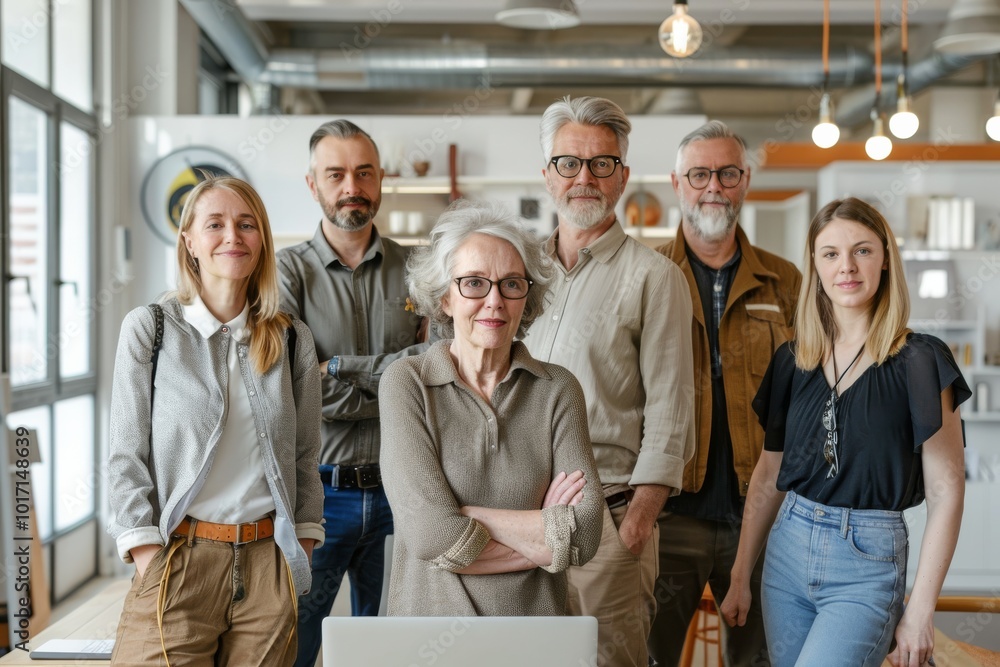 Poster Group of senior business people standing together in office and looking at camera