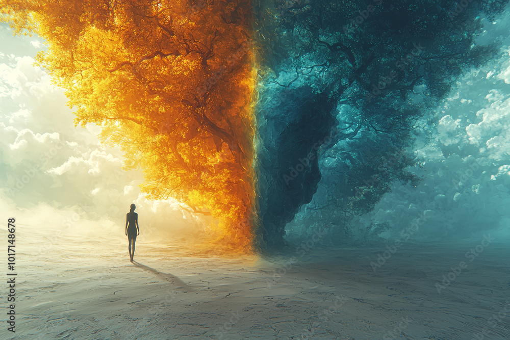 Poster a person walking through a forest that suddenly changes into a desert, symbolizing a shift between t