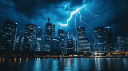 Lightning Strike Illuminates Cityscape at Night