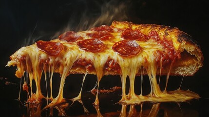 A sizzling pepperoni pizza slice with melted cheese strings, a hyperrealistic painting