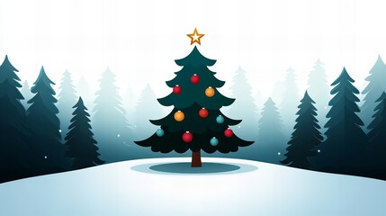 Obraz premium A decorated Christmas tree stands tall in a snowy forest, surrounded by evergreen trees.