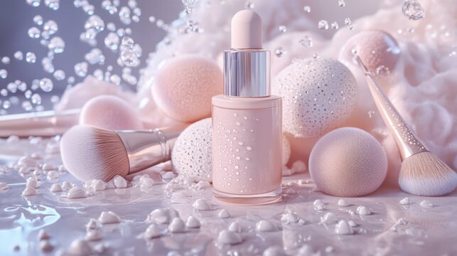 A sleek bottle of primer nestled among fluffy foundation brushes and striking contour sponges