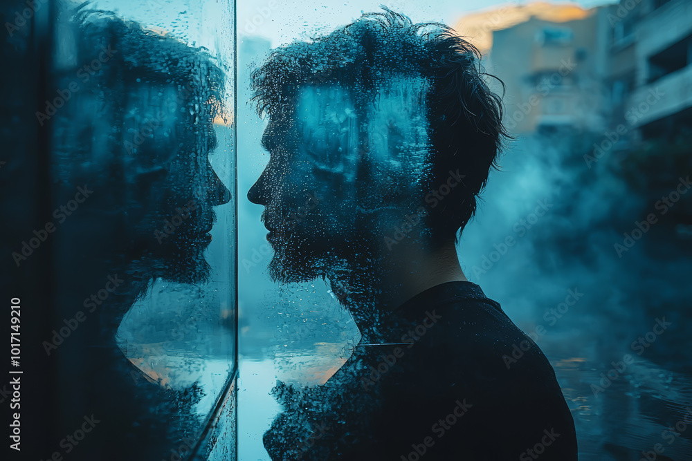 Poster a person looking at a mirror and seeing themselves in a parallel universe, symbolizing the idea of m
