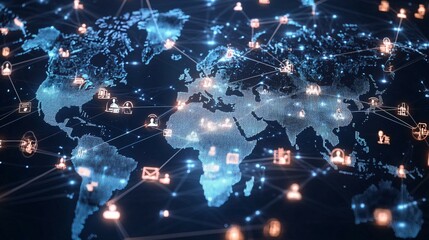 Global Network Connections with Icons on a Digital World Map