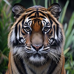 Fototapeta premium Stunning Close Up of Tiger Face with Powerful Gaze and Bold Stripes Captured Perfectly image