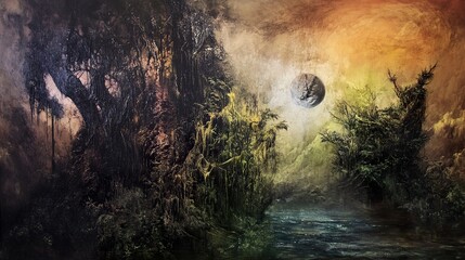 Fototapeta premium Enchanted Forest Landscape with a Mysterious Moon