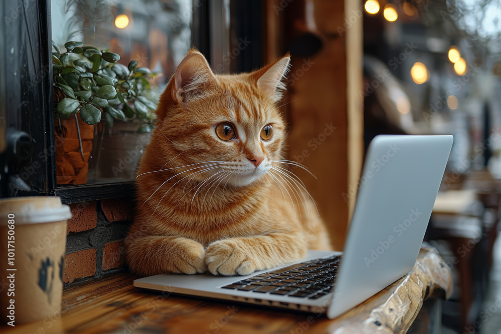 Poster a high-quality image of a person using a laptop while sitting in a cafe, illustrating remote work. c