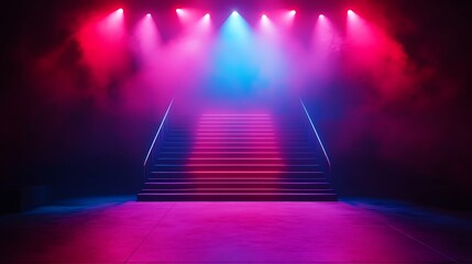Spotlight beams on an empty concert stage surrounded by vibrant colorful lights in a realistic setting, stage with spotlight