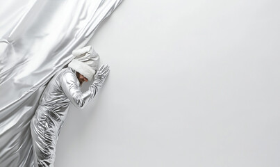 A white background features Santa Claus in a silver suit and hat, peeking out from the left side with his hand resting on a silver banner.



