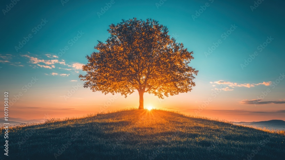 Canvas Prints Solitary Tree Silhouetted Against a Vibrant Sunrise Over a Rolling Hill