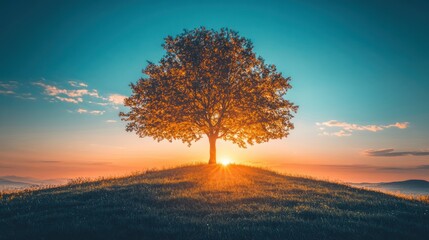 Solitary Tree Silhouetted Against a Vibrant Sunrise Over a Rolling Hill