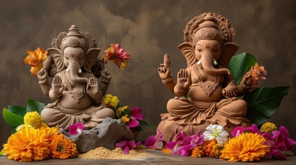 Fototapeta premium A clay Ganesha statue accompanied by a Taoist deity figurine made from biodegradable materials, showcasing vibrant flowers and natural decorations to emphasize harmony with nature.