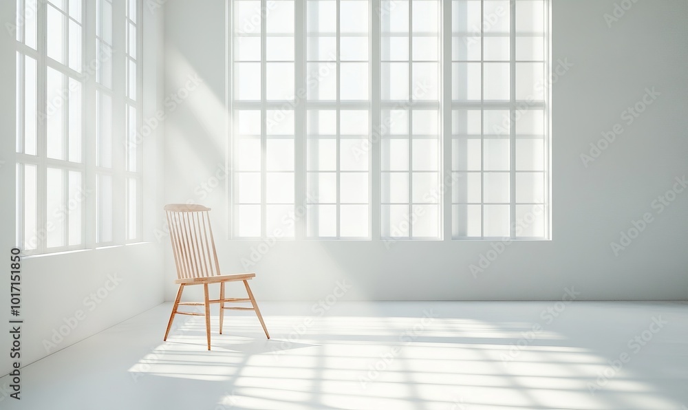 Poster clean white room with a single wooden chair placed in the center, soft natural light filtering throu