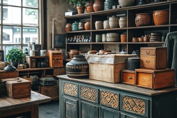 A vibrant thrift store featuring a diverse collection of antique household items alongside promotions for eco-friendly grains. Capturing the essence of sustainability and nostalgia.