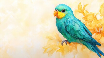 Obraz premium Vibrant Blue Parrot on Yellow Floral Perch