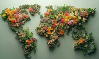 Fototapeta premium Creative design of a world map laid out of flowers, on a green background.