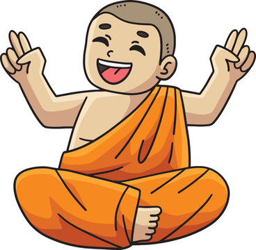 happy cartoon monk in orange robes clip art preview