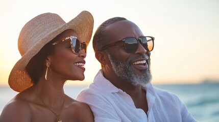 A beautiful mature Black couple enjoys a seaside date. This middle-aged, married African couple bonds and has fun outdoors, reflecting love, lifestyle, and quality of life.