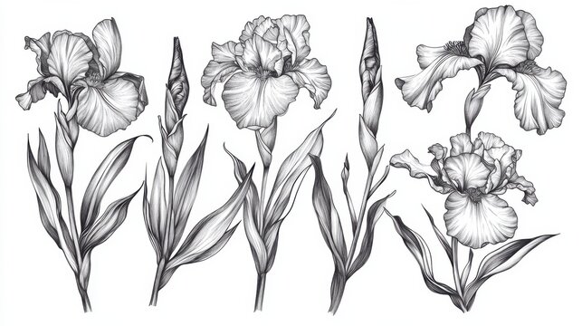 A collection of irises and leaves in a tattoo design, rendered in black and white sketch engraving with graceful floral lines in a scratchboard style.