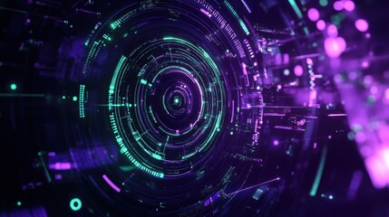 Fototapeta premium A dynamic HUD design featuring deep purple and bright green elements, with circular patterns and angular lines, conveying a sense of innovation and modernity.