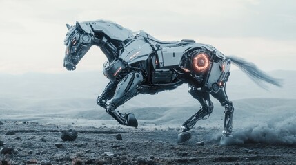 A robotic horse with sleek metal armor, galloping through a digital wasteland.