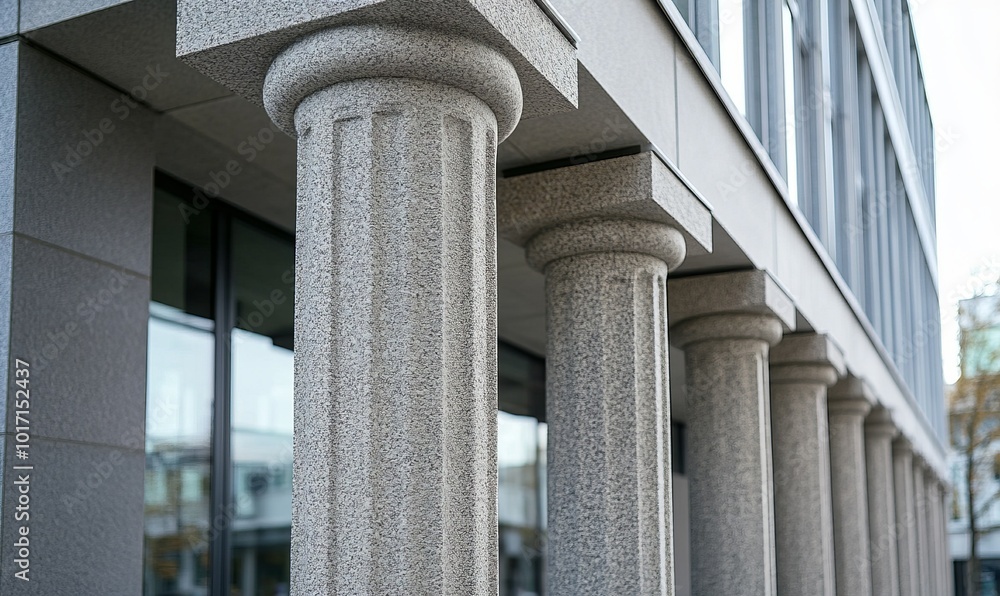 Poster close-up shot of large stone pillars supporting a modern building, showcasing the detailed texture a