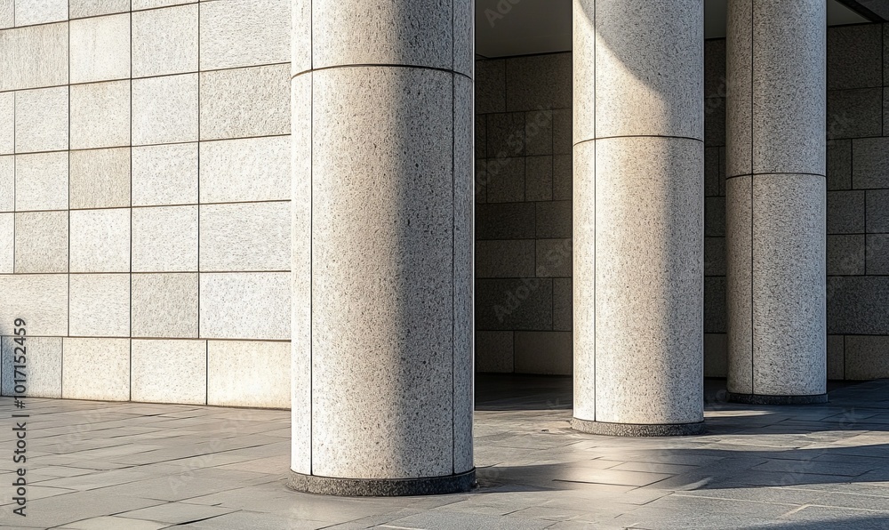 Poster close-up shot of large stone pillars supporting a modern building, showcasing the detailed texture a