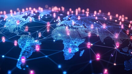 Fototapeta premium Global Network with Interconnected Nodes Depicting Worldwide Communication and Data Exchange