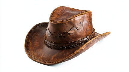 A brown leather hat with a Western design, shown alone against a white backdrop.