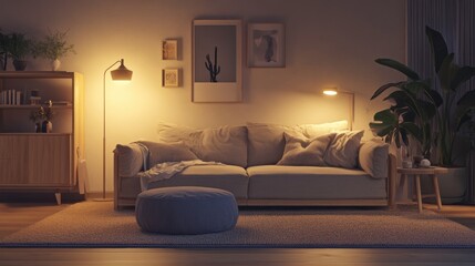 A Scandinavian minimalist living room with cozy textures, light wood furniture, and soft lighting