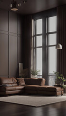 A blank mock-up of a dark brown living room with minimal decor rendered in 3D vertical