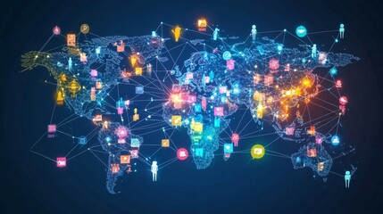 Obraz premium Global Network Map with Interconnected Icons and Lines