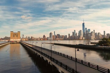 NYC skyline. Manhattan view from New Jersey, NYC skyscraper. Drone aerial view of New York City. Big Apple. NYC panorama from Hudson. Cityscape landmark. Lower Manhattan NYC.