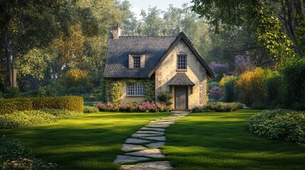 Obraz premium A charming cottage house stands proudly in the daylight amidst a lush green lawn, its exterior rendered in stunning 3D detail.