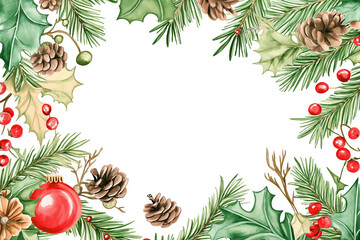 50s retro style Christmas background with watercolor paintings of holiday decor objects surrounding a blank center for your copy text