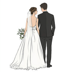 Rear view of just married couple, cartoon style. Transparent png, add your own background.