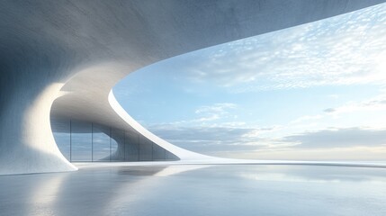 3D render of a curved, modern structure with an open concrete floor, designed as a clean and futuristic environment for car presentations or product displays.