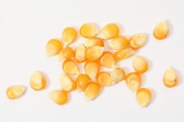 Many fresh corn kernels on white background, flat lay