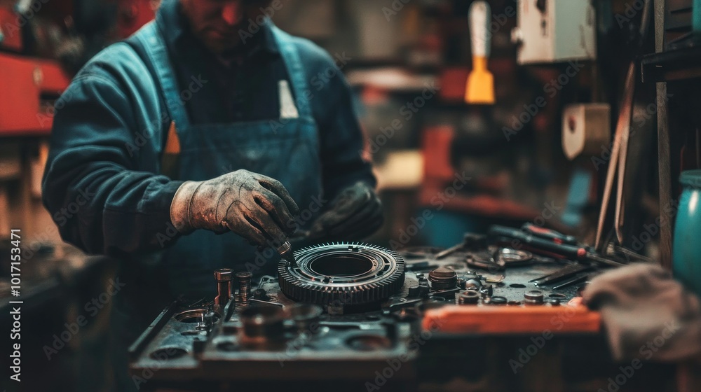 Poster mechanic working on a car engine component in a workshop