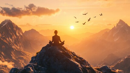 Fototapeta premium A person practicing meditation on a mountaintop at sunrise, surrounded by nature and the sound of birds chirping