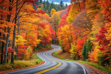 Fototapeta premium Autumn road through colorful forest in Wisconsin, USA