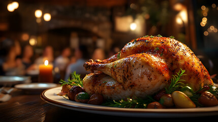 Naklejka premium Family praying before dinner is sitting at Decorated table roasted turkey or chiken in sauce with rosemary. Holiday celebration dinner Christmas or Thanksgiving.