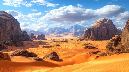Fototapeta premium A mix of vibrant orange dunes, rugged rocks, and towering mountains set against a cerulean sky—the essence of Jordan's Wadi Rum.